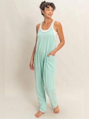 NEW Double Zero Turquoise Green Mineral Wash Spaghetti Strap Jumpsuit Size Large
